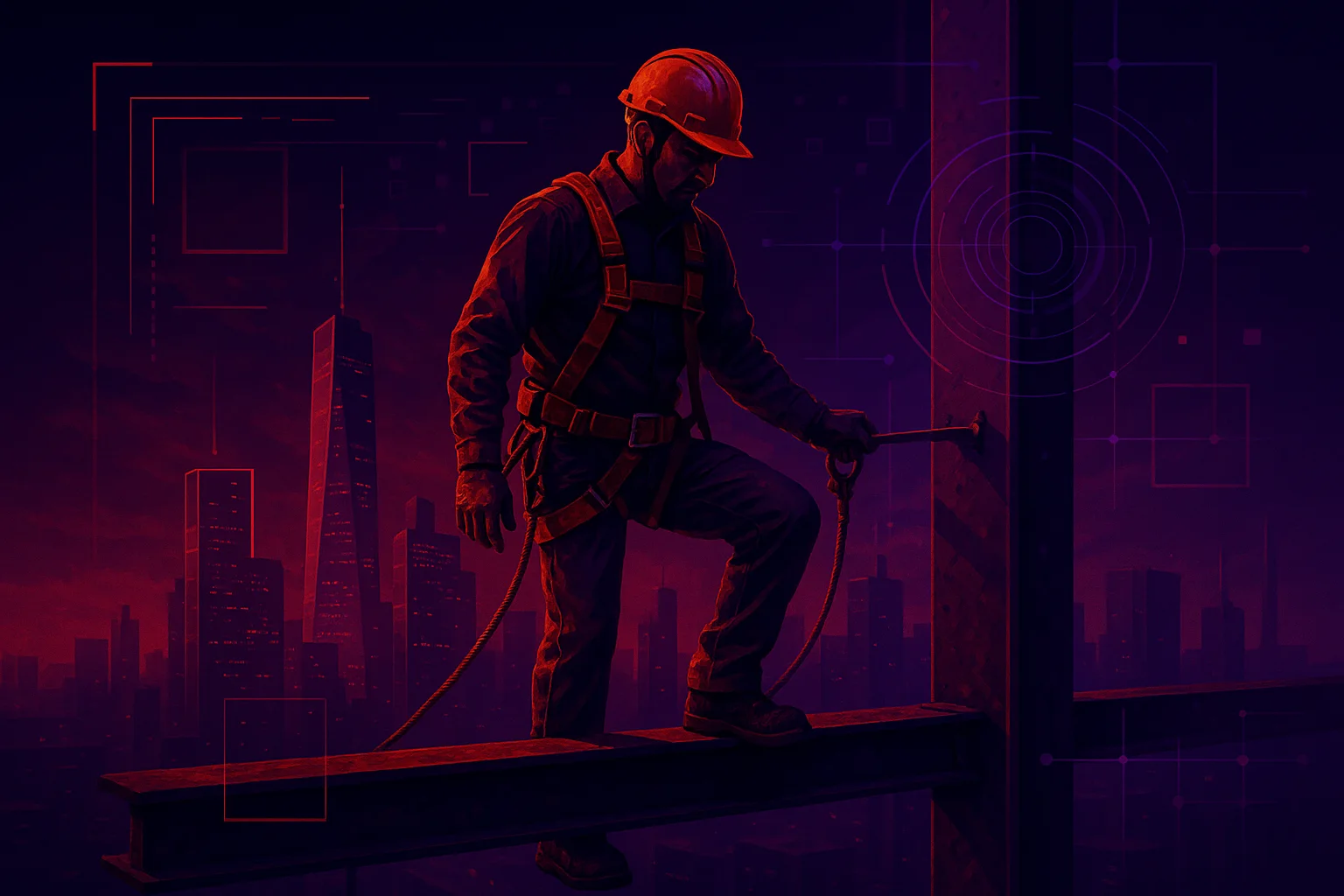 Trabajador con arnés realizando una labor en altura bajo monitoreo HARKAI